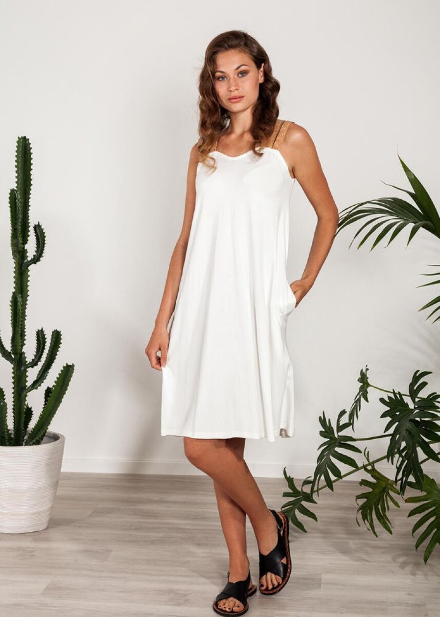 Damen SinWeaver alternative fashion Kleider | Sommerkleid Kurzes Kleid Mit Tragern Kork Viskose Weis